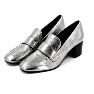NIB Marc Fisher Hudson Silver Leather Loafer Block Heels Slip on Size 9.5M